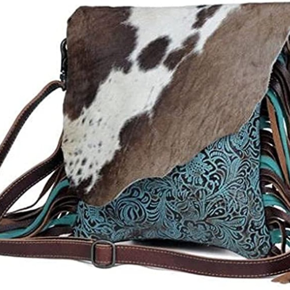 Myra conceal carry bag, tasseled purse. Leather & hairon. NWT